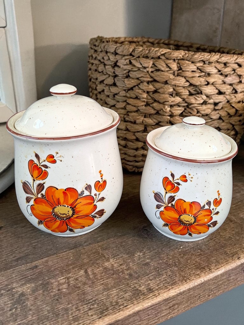 Vintage 70s Set Of 2 Japanese Valencia Poppy Stoneware Canister Made In Japon